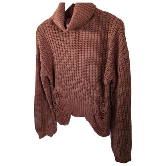 Cotton Candy LA Brown Knit Distressed Turtleneck Sweater M/L - Picture 5 of 8